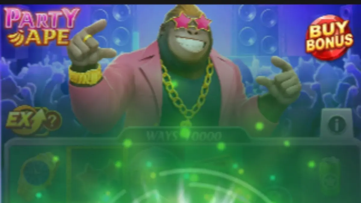 Party Ape slot game screen featuring vibrant jungle party theme and cascading reels