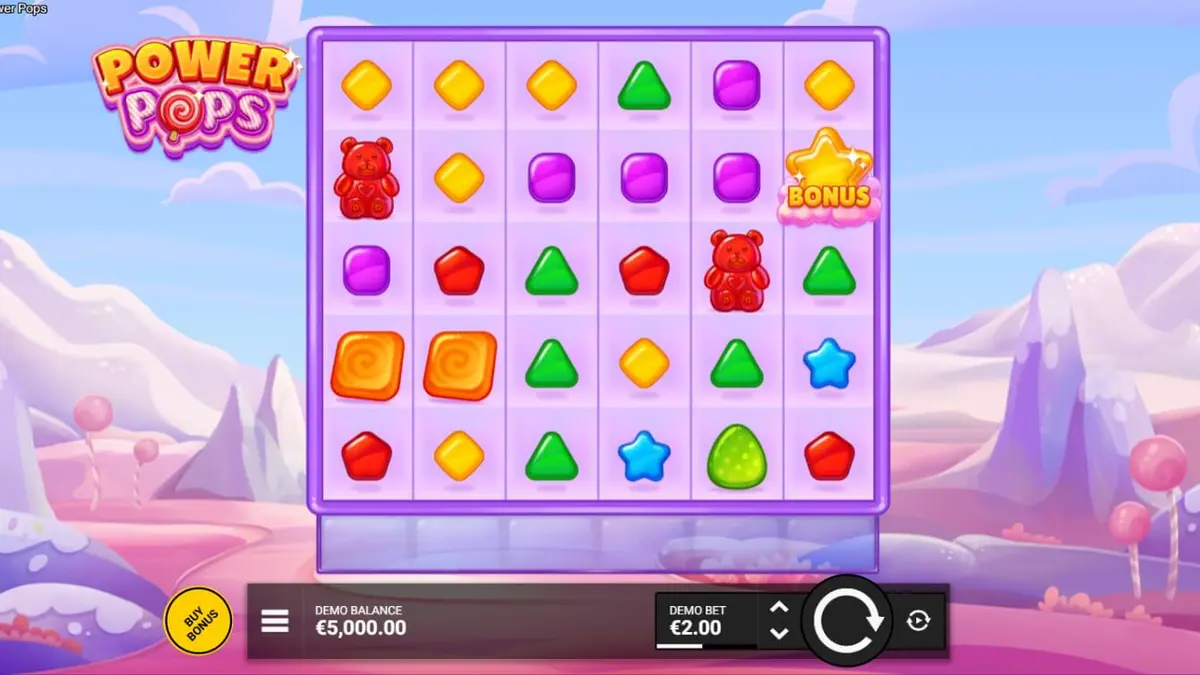 Tampilan visual slot Power Pops dengan tema permen yang ceria dan penuh warna